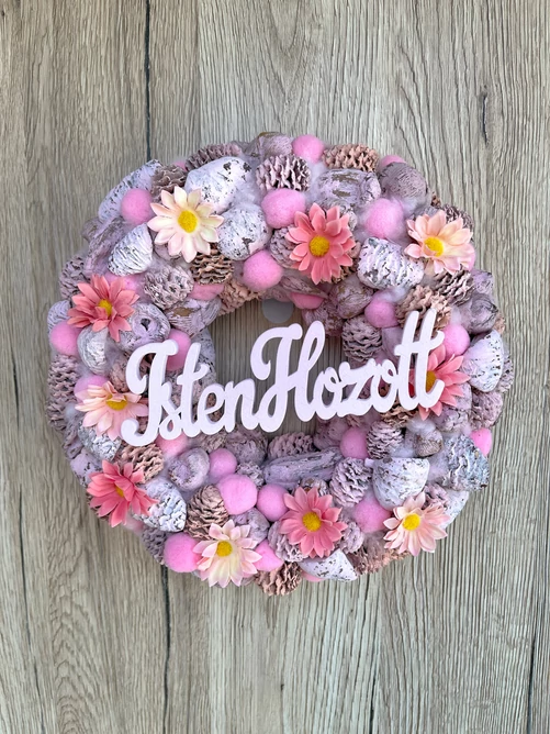 Isten hozott virágos kopogtató, ajtódisz pink 