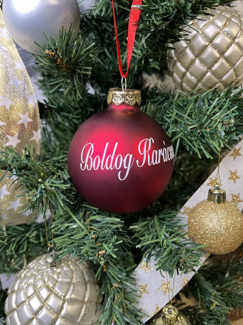 Feliratos gömb egyedi piros matt 8 cm üveggömb