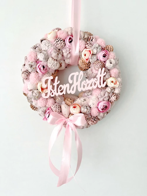 Isten hozott feliratú pasztell kopogtató masnival, 24 cm