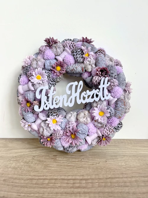 Isten hozott lila kopogtató, 24 cm