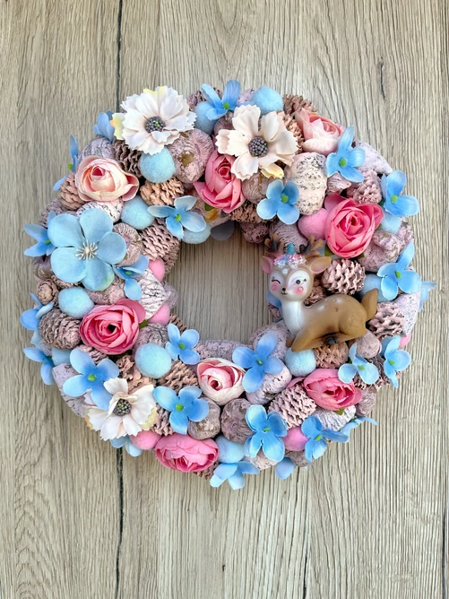  Virágos őz kopogtató, ajtódísz 24 cm