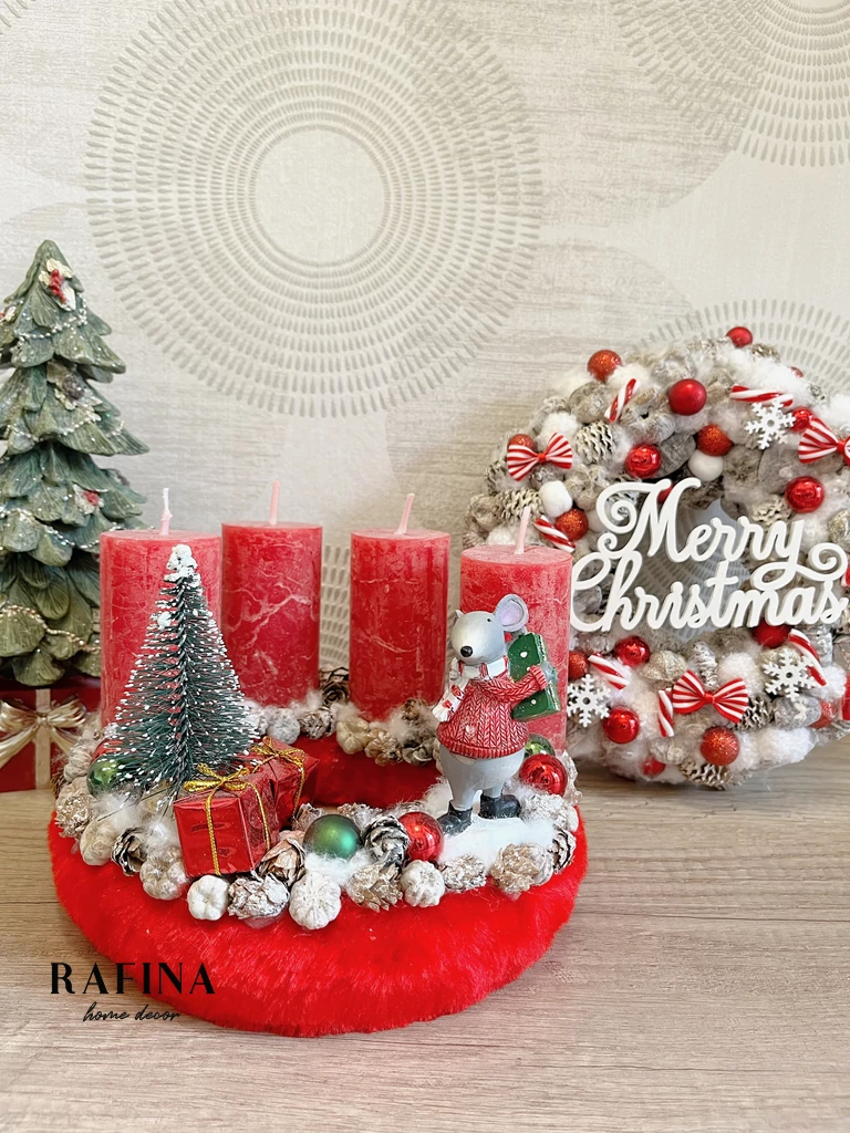 Adventi koszorú egérrel, piros színű
